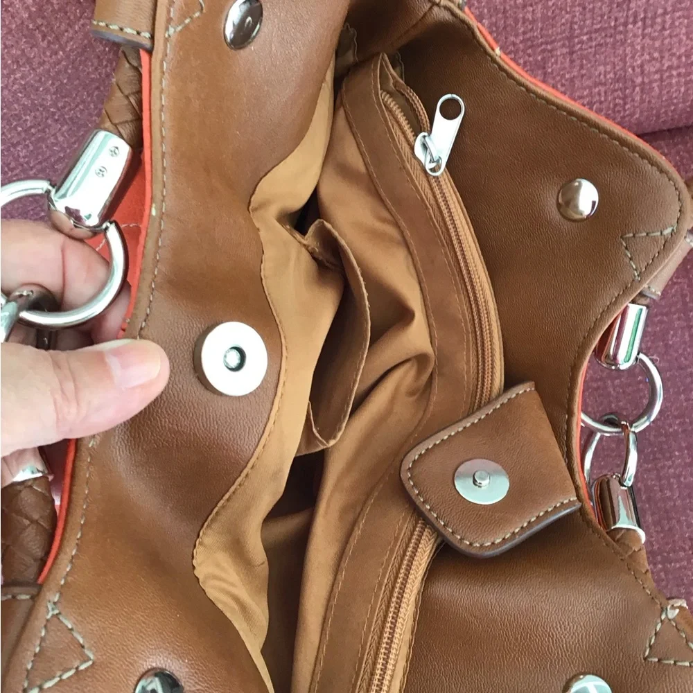 Coral orange brown Handbag purse braided handles 14” x 18” including handles EUC - Picture 5 of 15